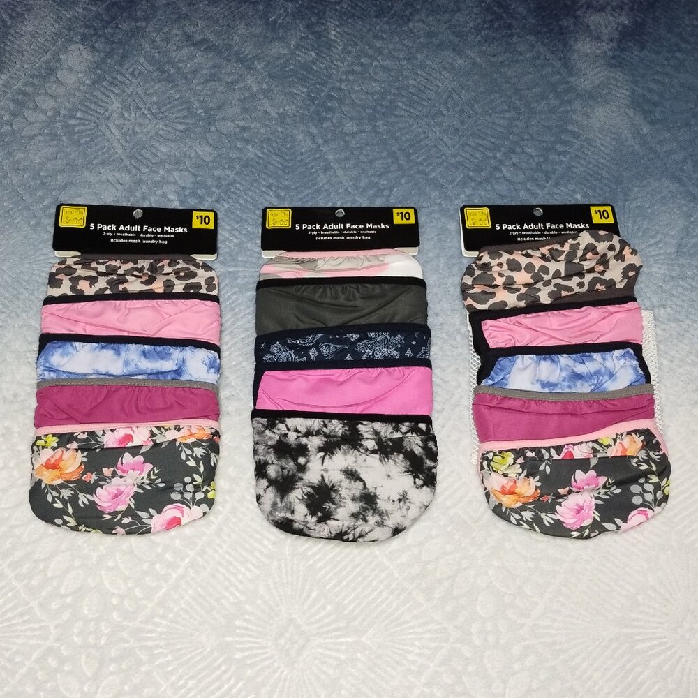 Adult Face Masks 5 pack with Mesh Laundry Bag Lot of 3 NWT